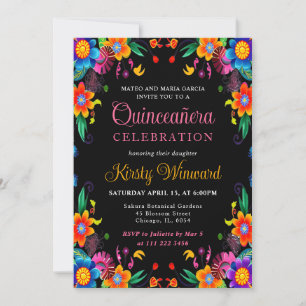 Mexikanisches Fiesta-Flora-Schwarzes Quinceanera Einladung