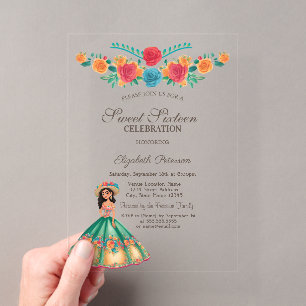 Mexikanisches Fiesta-Kleid Blumen Sweet 16 Acryleinladungen
