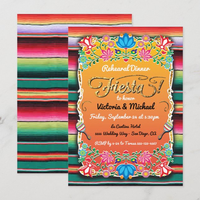 Mexikanisches Fiesta Party Gold Glitzer Probe Dinn Einladung (Vorne/Hinten)
