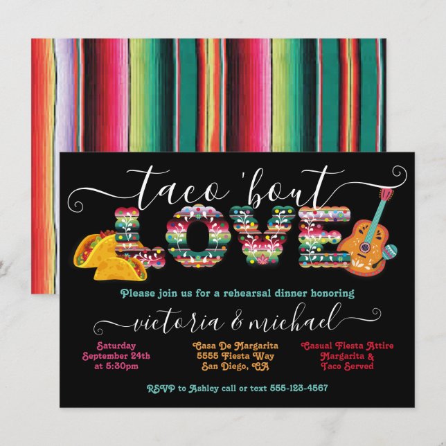 Mexikanisches Fiesta Taco'bout Liebe Probe Abendes Einladung (Vorne/Hinten)