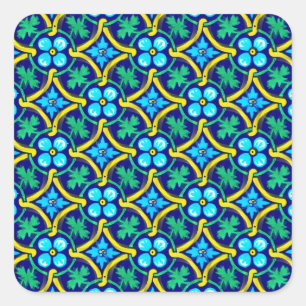 mexikanisches Fliesendesign Aquamarin Gelbe Blumen Quadratischer Aufkleber