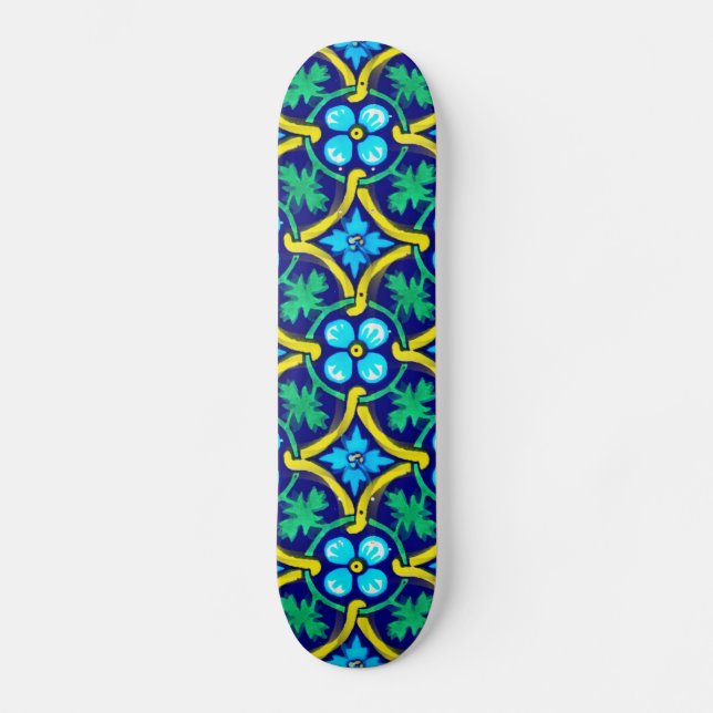 mexikanisches Fliesendesign Aquamarin Gelbe Blumen Skateboard (Vorderseite)