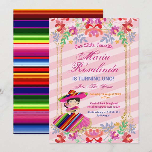 Mexikanisches Florentinermädchen Fiesta 1. Geburts Einladung (Vorne/Hinten)