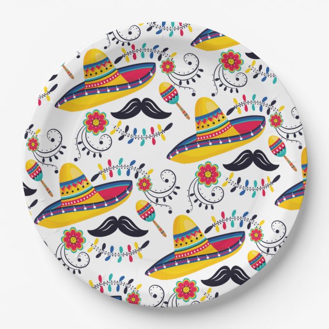 mexikanisches Folk Art Pattern Sombreros, Mustache Pappteller (Vorderseite)