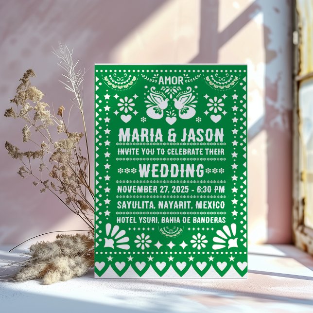 Mexikanisches Grünbuch Picado Fiesta Folk Art Wedd Einladung (Mexican Green Papel Picado Fiesta Folk Art Wedding Invitation)