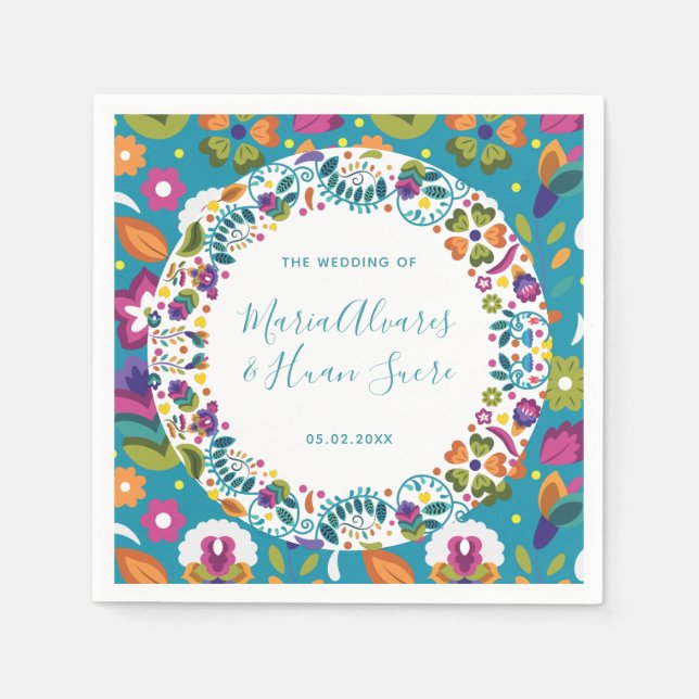 Mexikanisches Hochzeitsszenario mit Blumenmuster P Serviette (Vorderseite)