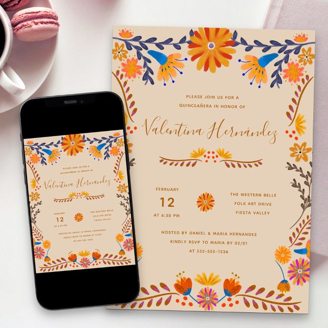 Mexikanisches Hübsches Folk Quinceanera Einladung (Quinceanera invitation with earthy western flowers from my Mexican Floral collection)
