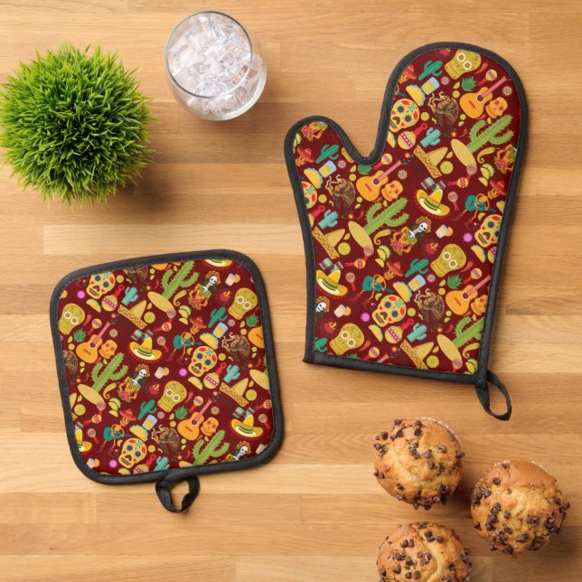 mexikanisches Ikonenmuster Ofenhandschuh & Topflappen-Set (Oben Unten)