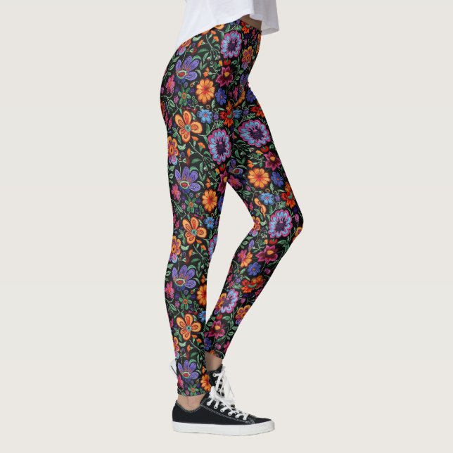 Mexikanisches Otomi-Volkstümliches Blumenreich Far Leggings (Rechts)