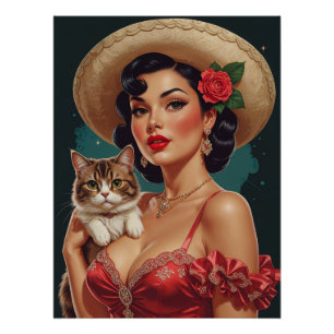 Mexikanisches Pin-Up mit süßer Katze Poster