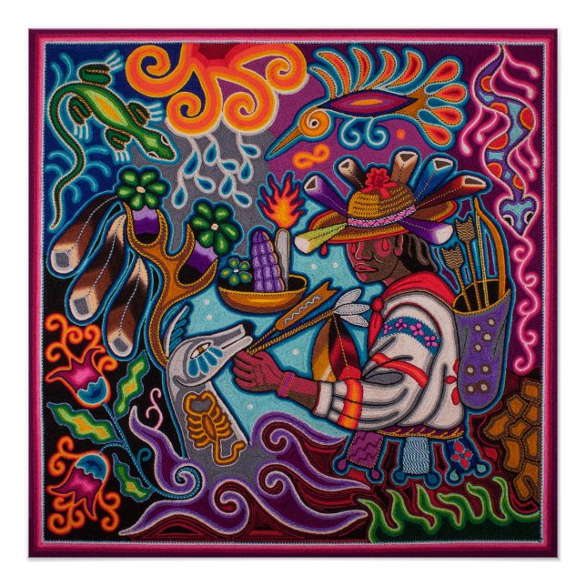Mexikanisches Plakat huichol - Jäger und Hirsch Poster (Vorderseite)