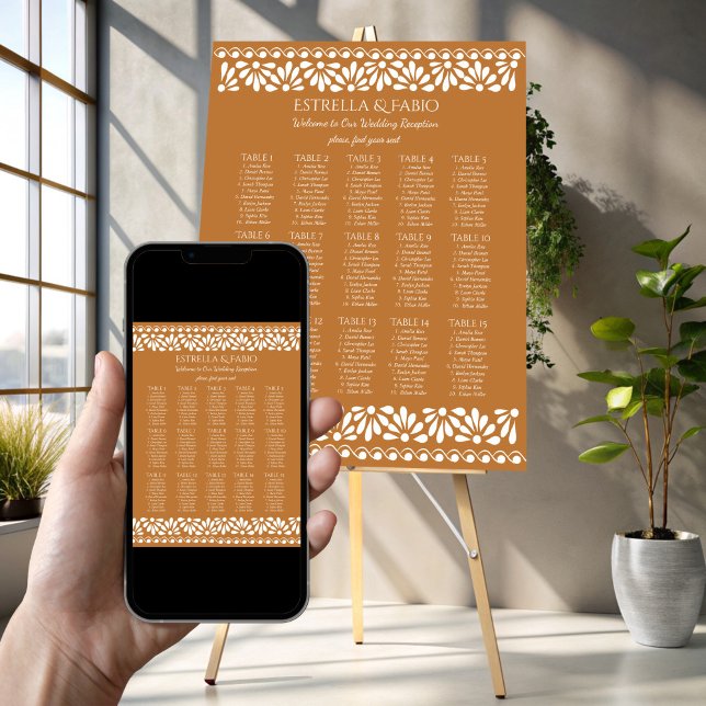 Mexikanisches Talavera Terracotta Hochzeitsfeier Poster (Mexican talavera terracotta wedding party seating poster template personalized seating plan )