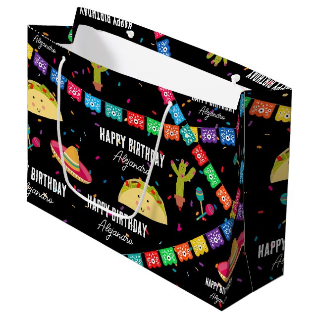 Mexikanisches Thema Fiesta - Taco Bout a Birthday  Große Geschenktüte (Vorderseite Schrägansicht)