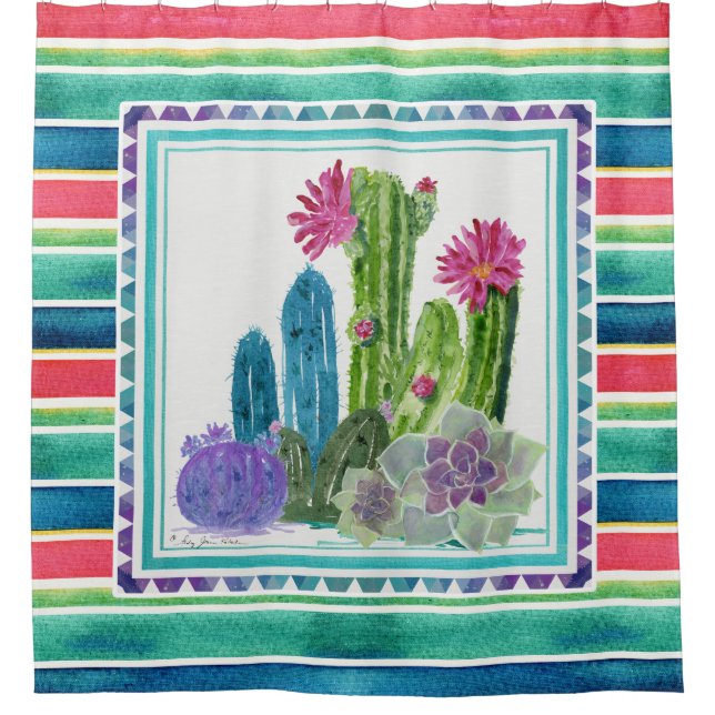 Mexikanisches umfassendes Aquarell-bunter Kaktus Duschvorhang (Vorderseite)