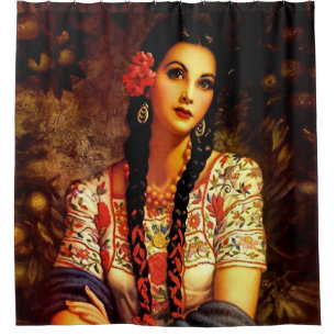 Mexikanisches Vintage-Pin-Up-Girl mit langen Zöpfe Duschvorhang