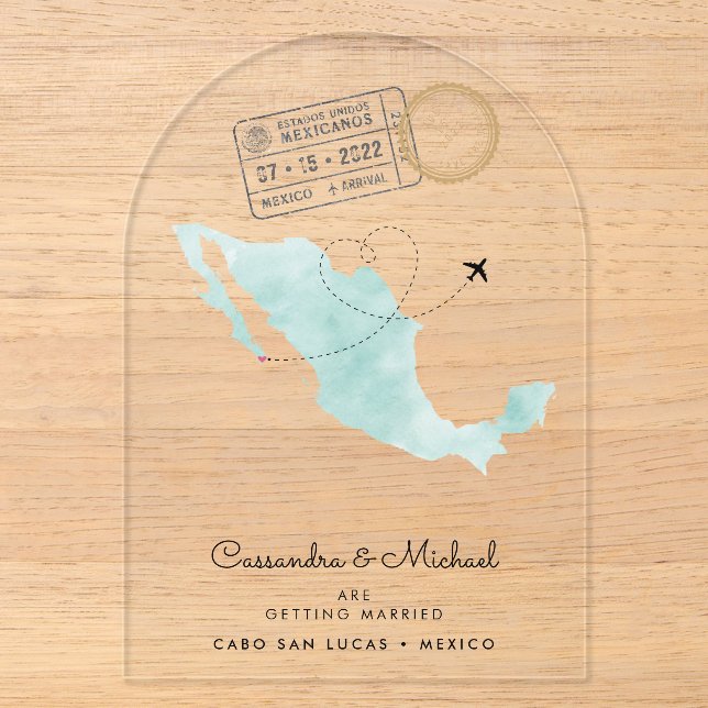 Mexiko Aquarellkarte | Cabo | HOCHZEIT IN URLAUBSO Acryleinladungen (Vorderseite)