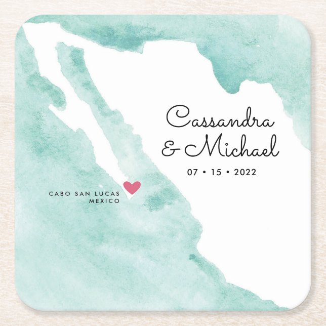 Mexiko Aquarellkarte | Cabo | HOCHZEIT IN URLAUBSO Rechteckiger Pappuntersetzer (Vorderseite)