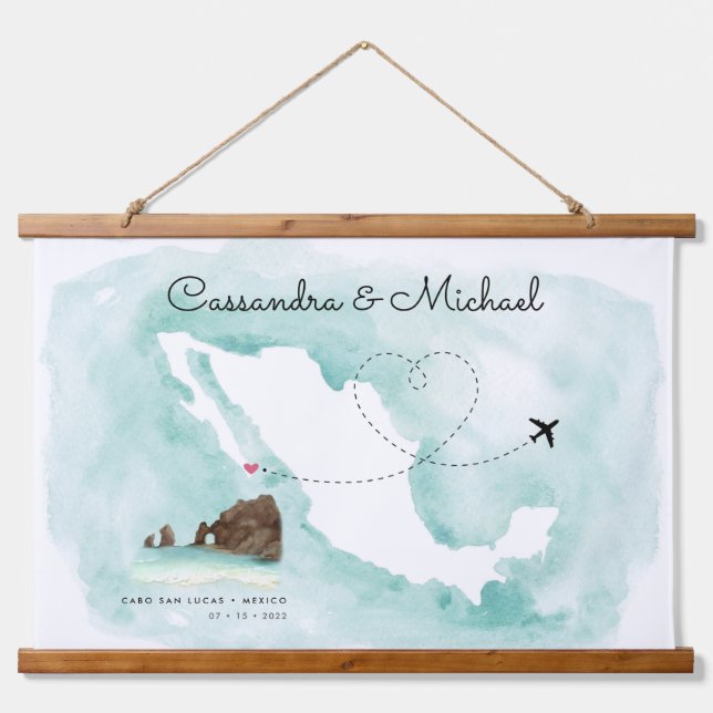 Mexiko Aquarellkarte | Cabo | HOCHZEIT IN URLAUBSO Wandteppich Mit Holzrahmen (Vorne)
