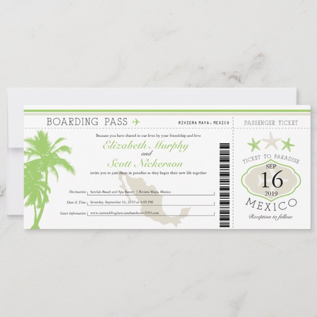 Mexiko Boarding Pass Hochzeit in Urlaubsort Einladung (Vorderseite)