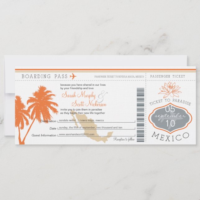 Mexiko Boarding Pass Hochzeit in Urlaubsort Einladung (Vorderseite)