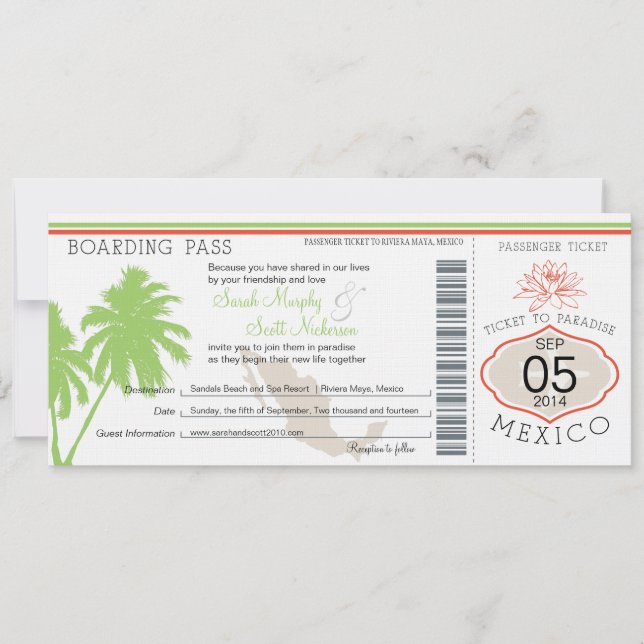 Mexiko Boarding Pass Hochzeit in Urlaubsort Einladung (Vorderseite)