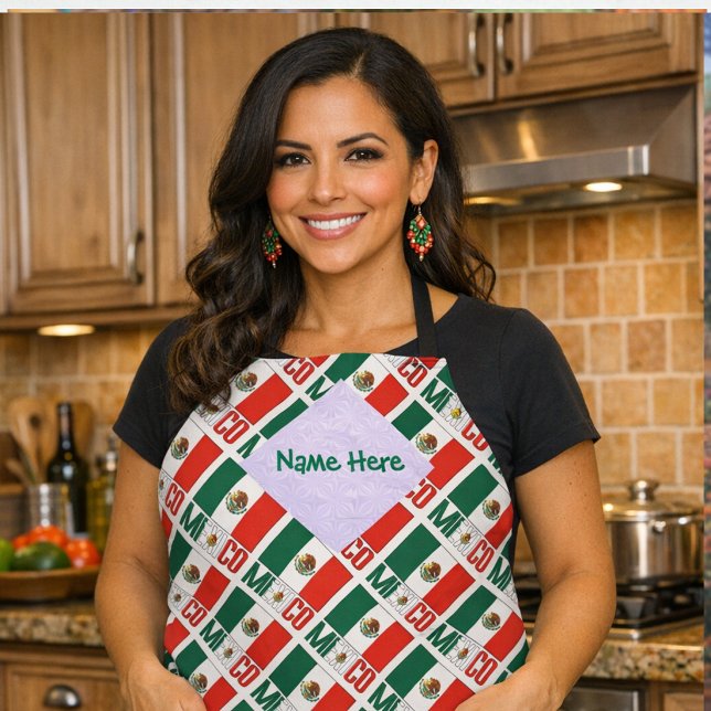 Mexiko Flag Tiled Green Personalisiert Schürze (Personalized apron shows tiled Mexican Flag and MEXICO. Space for a name on the White fractal.)