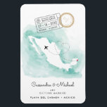 Mexiko-Karte | Hochzeit in Urlaubsort Playa del Ca Magnet<br><div class="desc">Mit diesem Datums-Magneten können Sie Ihre Hochzeit in Urlaubsort-Pläne perfekt ankündigen! Es verfügt über eine Karte von Mexiko auf einem Aquarell-Hintergrund mit einem kleinen Herz auf Karte in der Nähe von Playa del Carmen. Es gibt zwei Briefmarke zur Stornierung des Reisepasses, die das Datum Ihres großen Tages anzeigen. Alle wichtigen...</div>