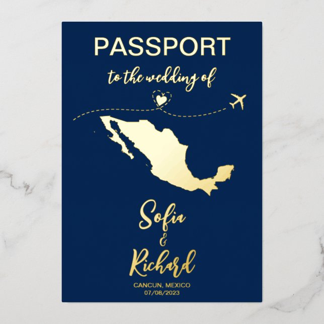 Mexiko Pass Hochzeitsziel Gold Folieneinladung (Vorderseite)