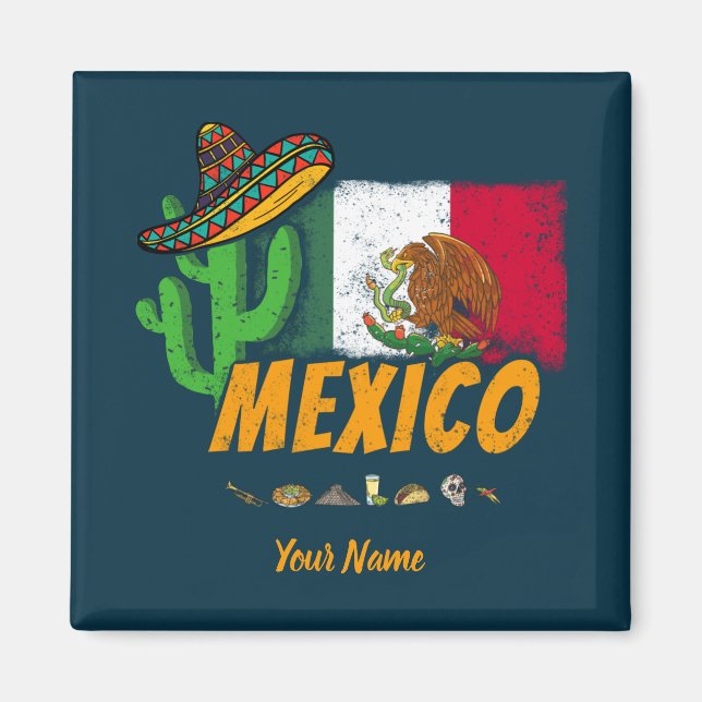 Mexiko Vintager Kaktus mit Fahne Sombrero Souvenir Magnet (Vorne)