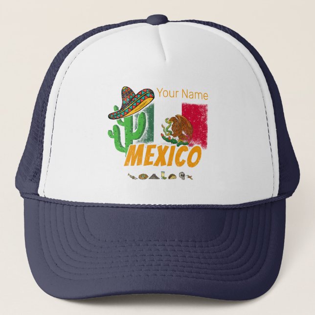 Mexiko Vintager Kaktus mit Fahne Sombrero Souvenir Truckerkappe (Vorderseite)
