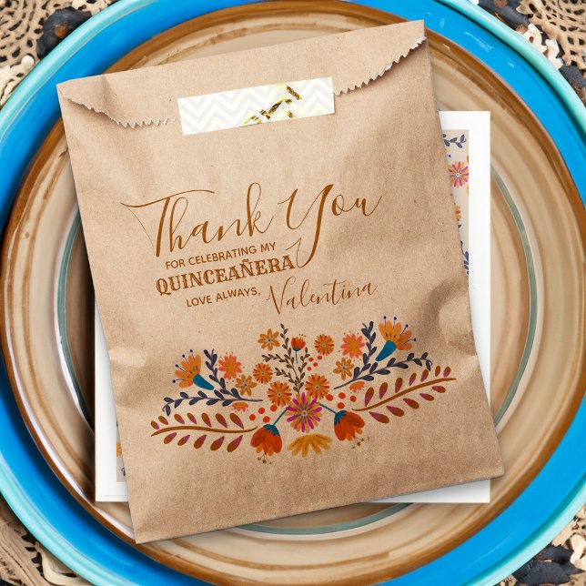 Mexikos Western Erde Tone Boho Quinceanera Geschenktütchen (Favor bags for Quinceanera or other occasion with western boho mexican floral design)