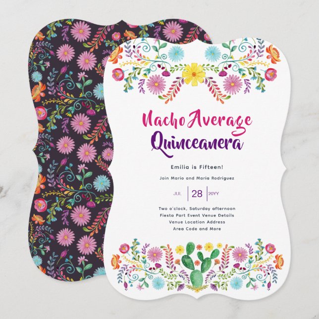 Mexique FIESTA Quinceanera Invitation Folk Art (Devant / Derrière)