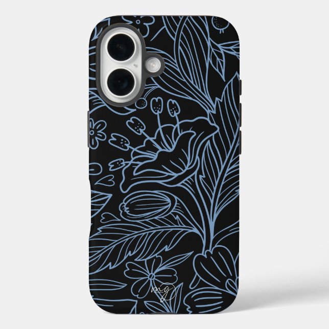 MG Black Botanical Pattern IPhone Fall 16 Hülle (Rückseite)