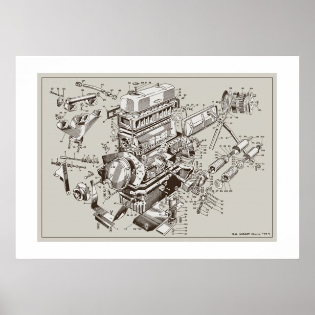 MG "TF" Motor Schema Poster - OffWhite (Vorne)