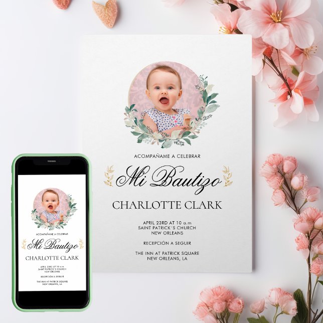 Mi Bautizo Foto Botanisches Spanisches Elegantes Einladung (Mi Bautizo Photo Botanical Spanish Elegant Invitation)