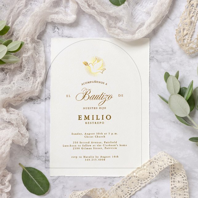 Mi Bautizo Gold Dove Spanische Taufe Acryleinladungen (Mi Bautizo Gold Dove Spanish Baptism Acrylic Invitations)