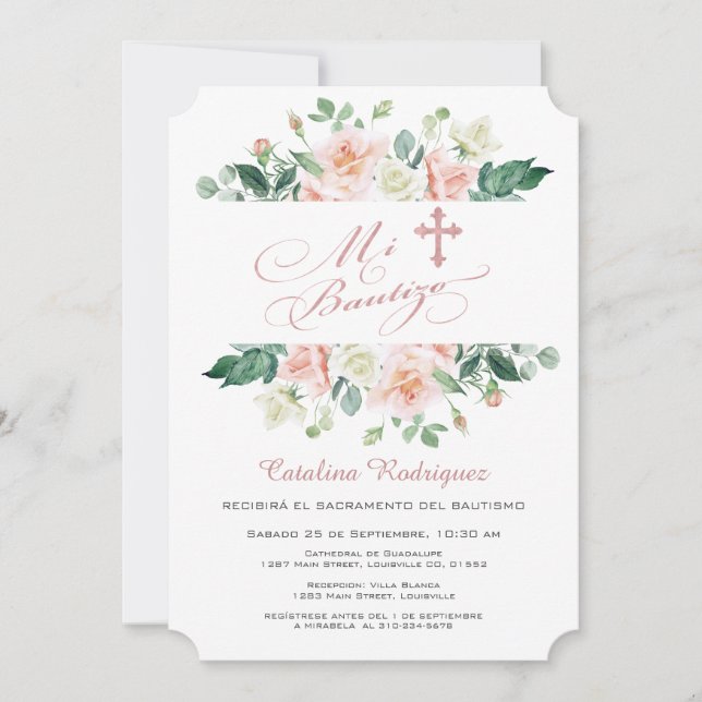 Mi Bautizo Invitacion Blush White Floral Taufe Einladung (Vorderseite)