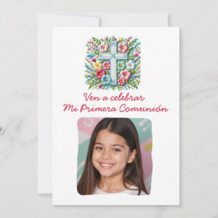 Mi Primera Comunión Cruz & Flores con foto Einladung