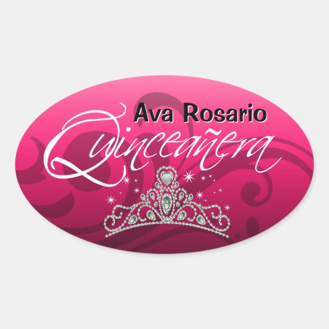 Mi Quinceañera Sparkling Tiara (fuschia) Party Ovaler Aufkleber (Vorderseite)