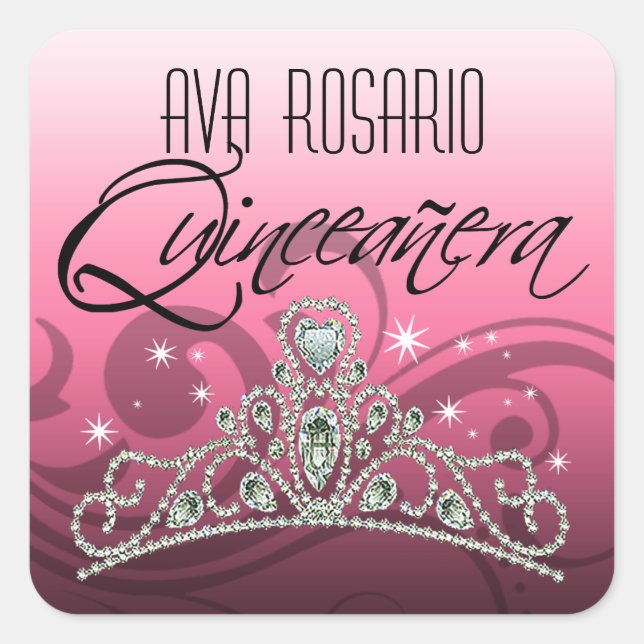 Mi Quinceañera Sparkling Tiara (rosa) Party Quadratischer Aufkleber (Vorderseite)