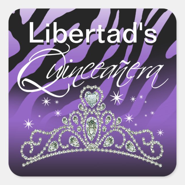 Mi Quinceañera Sparkling Tiara Zebra Quadratischer Aufkleber (Vorderseite)