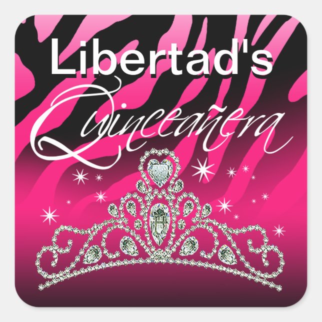 Mi Quinceañera Sparkling Tiara Zebra Quadratischer Aufkleber (Vorderseite)