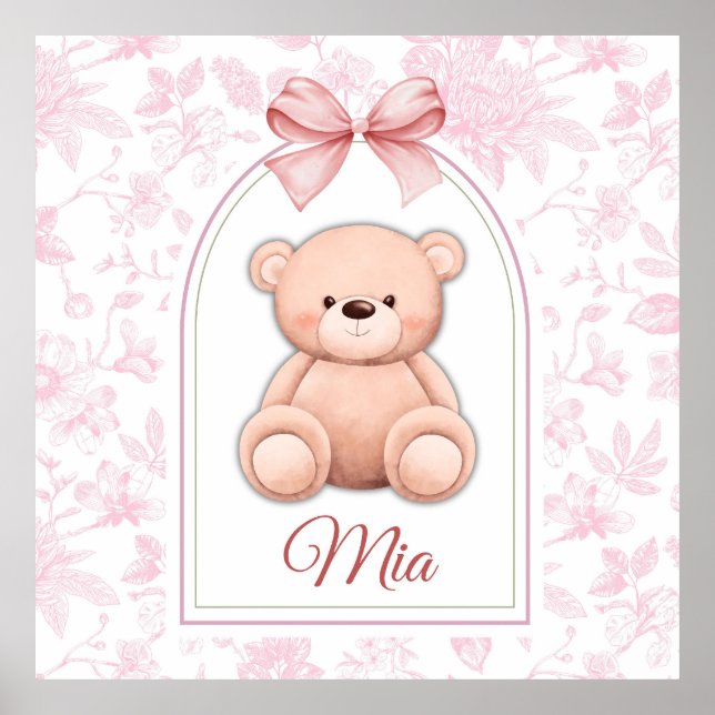 Mia | Benutzerdefiniertes rosa Teddy-Bär-Kinderzim Poster (Vorne)
