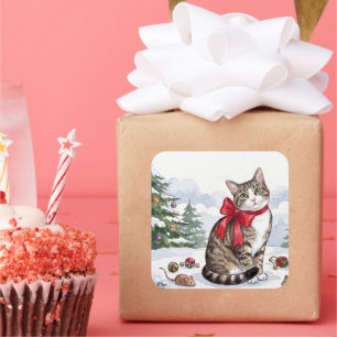 Mia die festliche Katze mit festlicher Dekoration Quadratischer Aufkleber