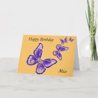 Mia, Happy Birthday lila Schmetterlingkarte Karte