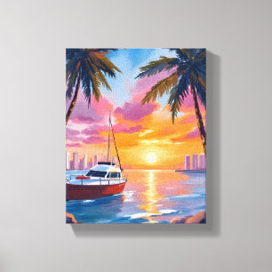 Miami Beach Boat Bay Sonnenuntergang Aquarellmaler Leinwanddruck