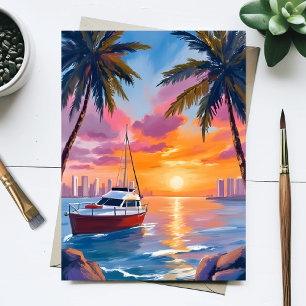 Miami Beach Boat Bay Sonnenuntergang Aquarellmaler Postkarte