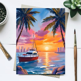 Miami Beach Boot Bay Sonnenuntergang Aquarellmaler Postkarte