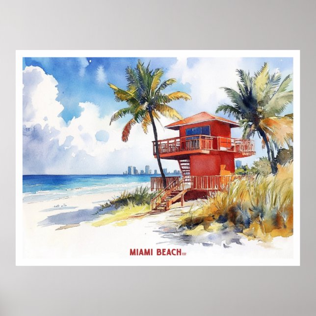 Miami Beach, Florida Aquarellmalerei auf Postkarte Poster (Vorne)