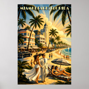 Miami Beach, Florida Retro Art Deco Farb-Tourismus Poster
